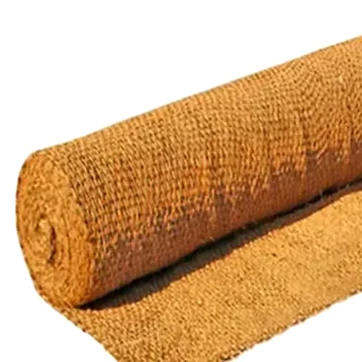 A roll of woven coir matting, partly unrolled